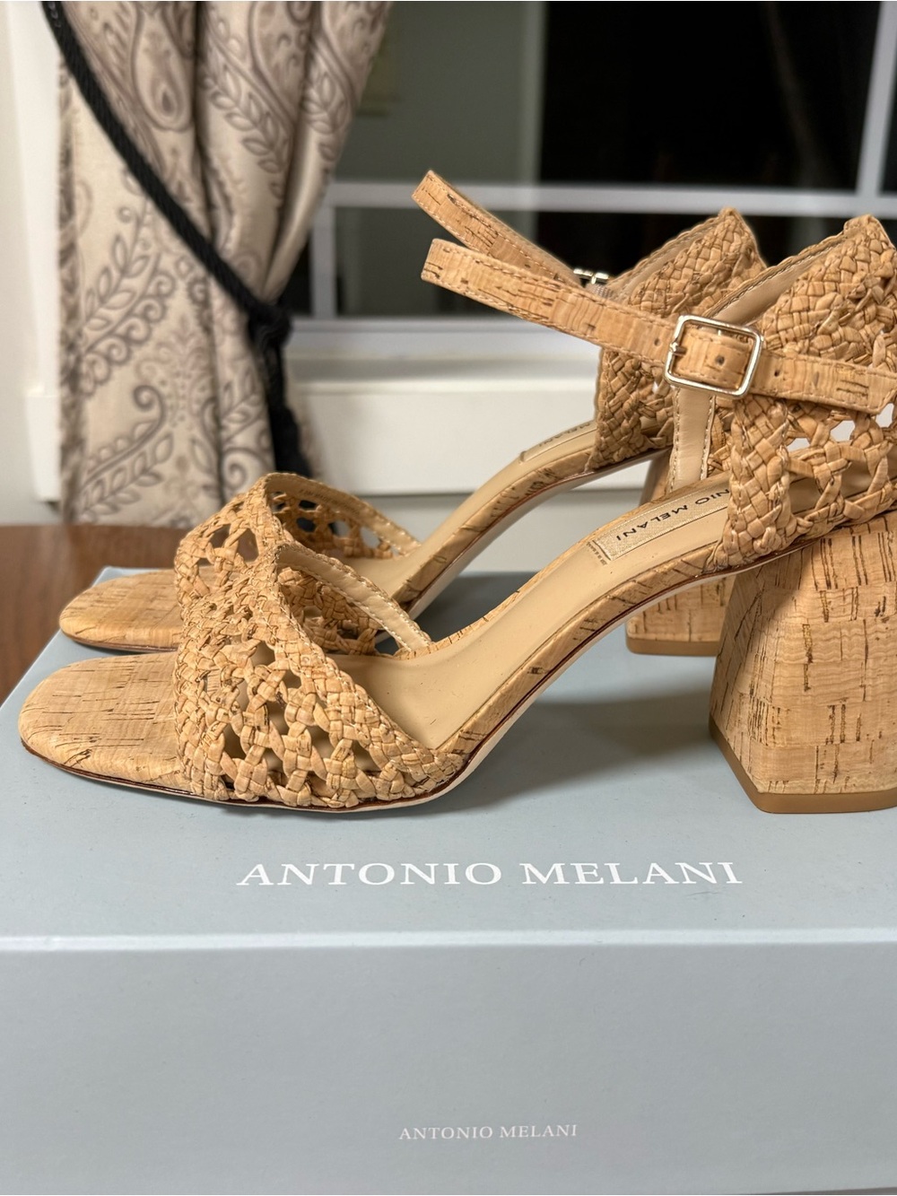 ANTONIO MELANI Natural Tan Woven Cork Block Heel Sandals